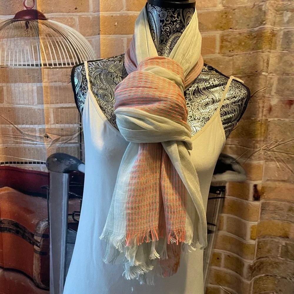 Lightweight Striped Scarf‎ Shawl Wrap Linen Blend Pink Grey White Fringe